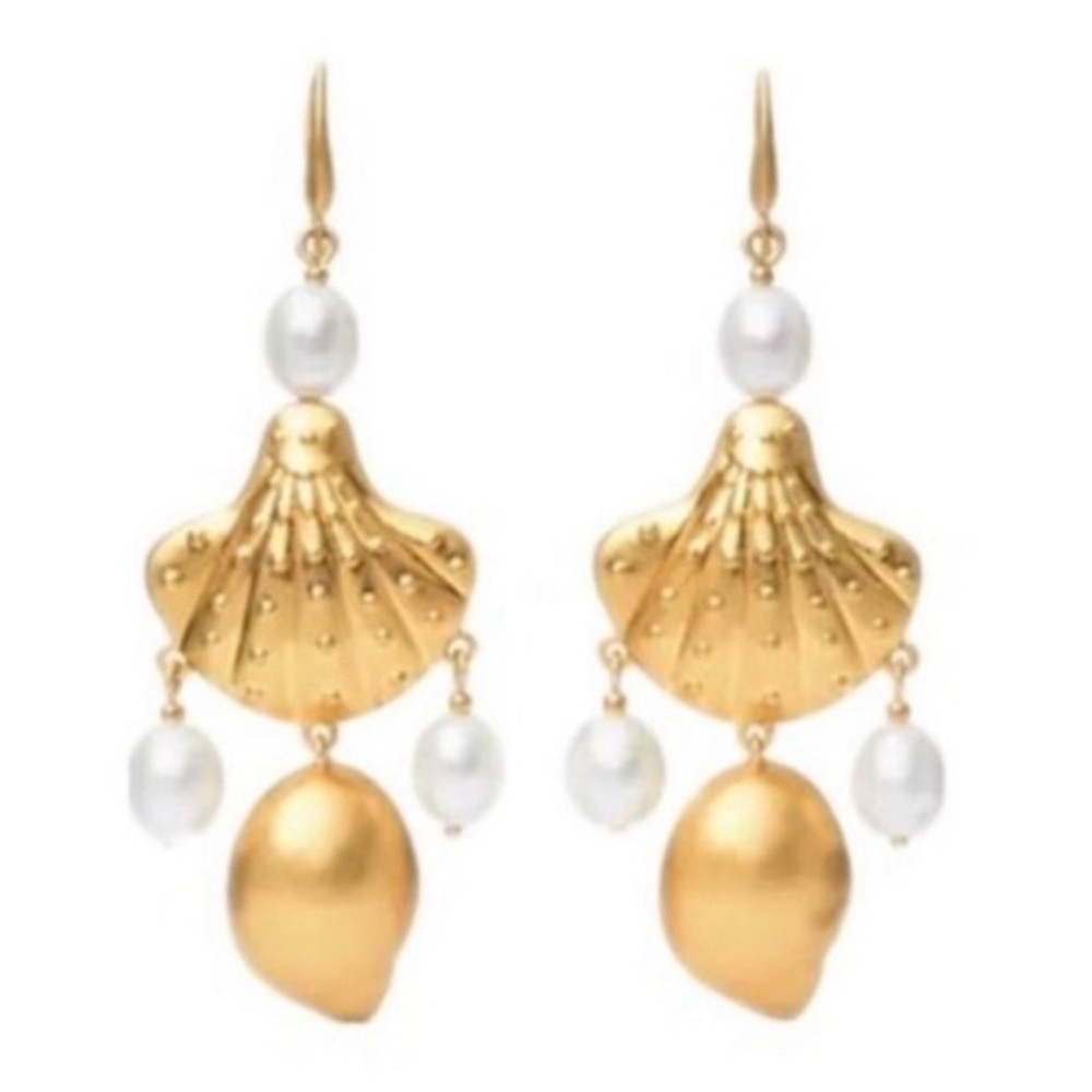 Tory Burch Elegant Gold and Pearl sea Shell drop Earrings